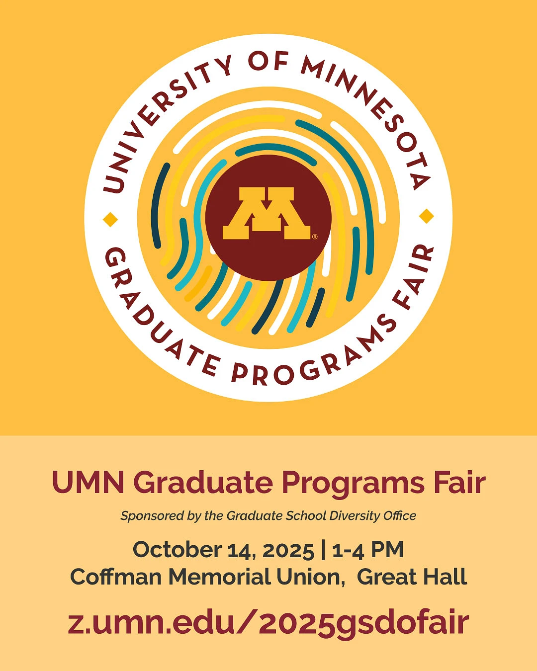 The image is a promotional flyer for the University of Minnesota Graduate Programs Fair on October 14, 2025, at Coffman Memorial Union, sponsored by the Graduate School Diversity Office.